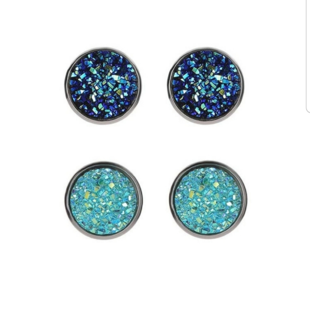 2 Pair Aqua/Blue Faux Druzy Stud Earrings